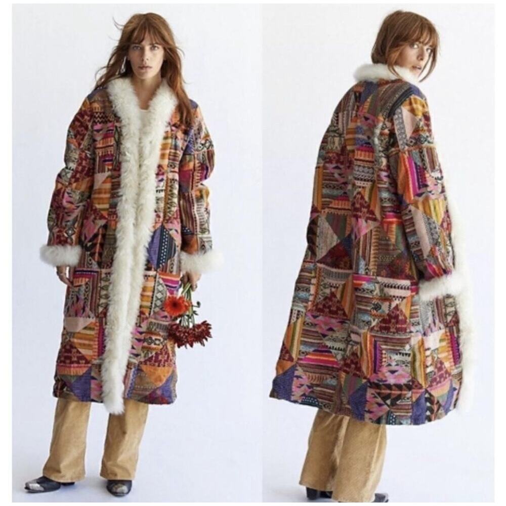Free People Coat Womens Large Caravan Patchwork Dream Faux Fur Multicolor Boho